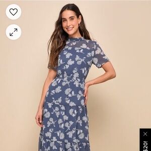 Dusty Blue Floral Print Midi Dress